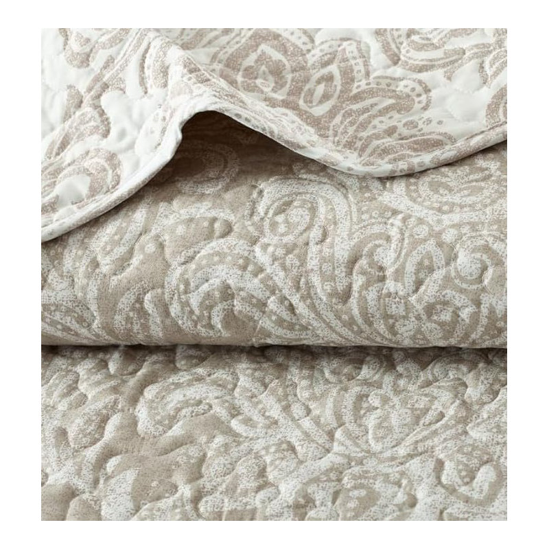 Andrena Microfiber Bedspread with Pillow Shams, Super King Bedspread + 2 Standard Pillow Shams, Damask, Beige