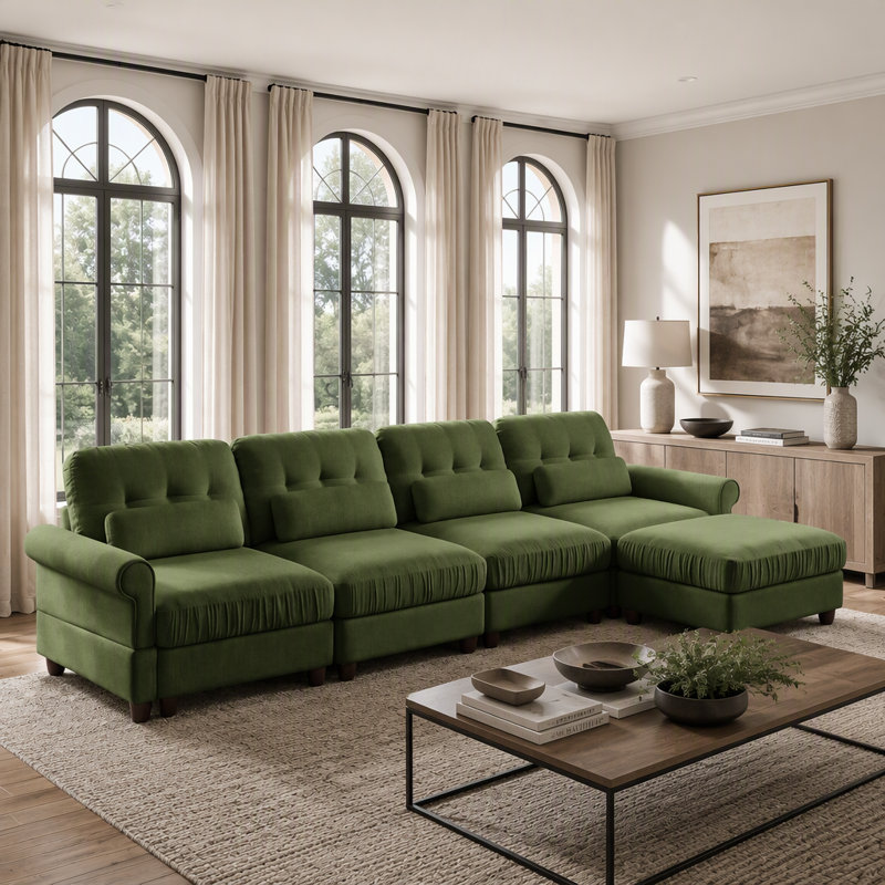Canapé modulable 4 places en chenille avec un pouf et bord volanté, Chenille verte