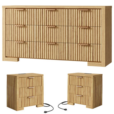 3 Piece Bedroom Furniture Set, 3-Drawer Nightstand Set Of 2 & 9-Drawer Dresser