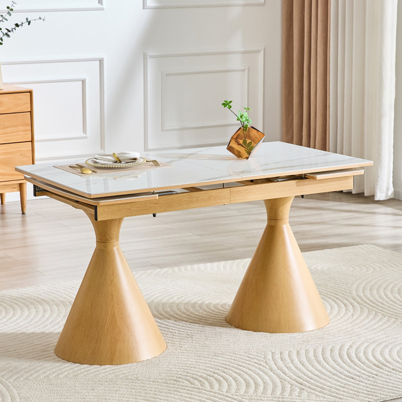 Table de salle à manger extensible de luxe moderne, plateau de table en pierre de marbre blanc avec pieds en métal effilés blancs, table de salle à manger rectangulaire multifonctionnelle pour 4 à 8 membres de la famille