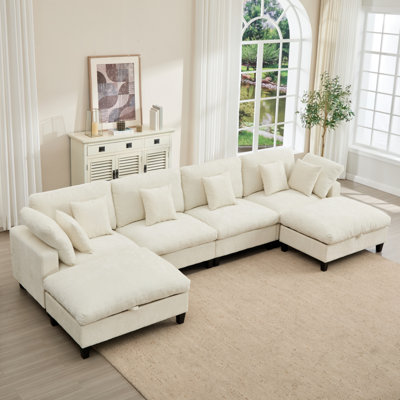 Canapé modulaire modulaire en U en chenille douce avec 2 repose-pieds en mouvement