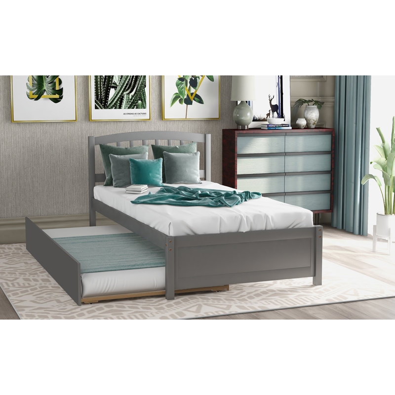Lit plateforme simple avec lit gigogne gris - construction en bois massif et structure de taille élégante pour maximiser le confort