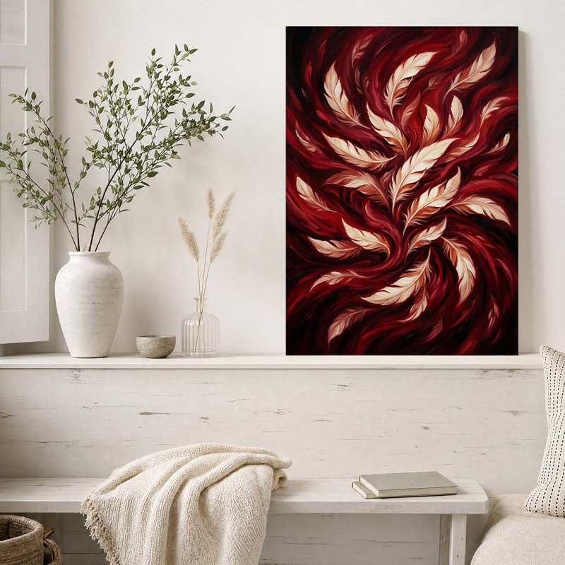 Plumes tourbillonnantes crème sur toile rouge foncé, H 36 po x l 24 po