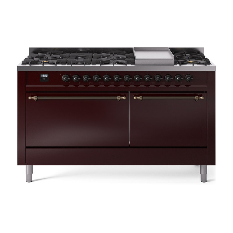 Cuisinière à double combustible de 60 po avec 9 brûleurs scellés et plaque chauffante (porte pleine) Nostalgie II de la série ILVE