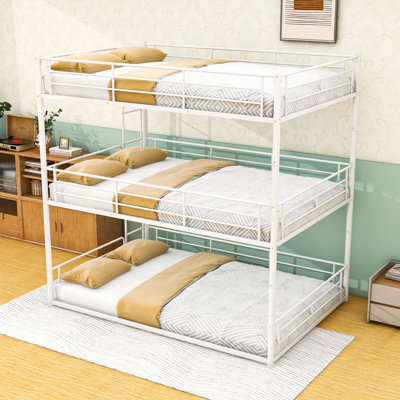 Metal Triple Bunk Bed with Full-Length Guardrails, Quiet Slat Support System