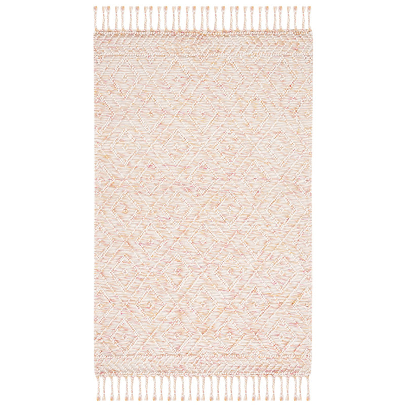 Stathelle Hand Loomed Wool/Cotton Geometric Rug in Ivory/Red, Rectangle 3' x 5'