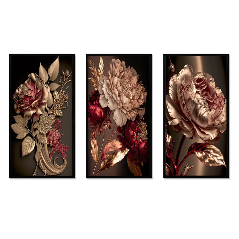 3 pièces sur toile - Rose doré rétro glam, Noir, H 32 po x l 48 po