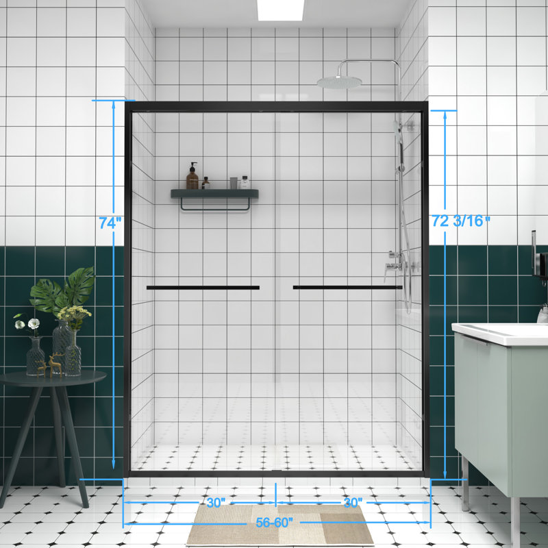 60" Adjustable Width Double Sliding Shower Door With Stainless Steel Handle, Waterproof Design, Mute Rollers, Handle As Towel Rail For Bathroom Design
