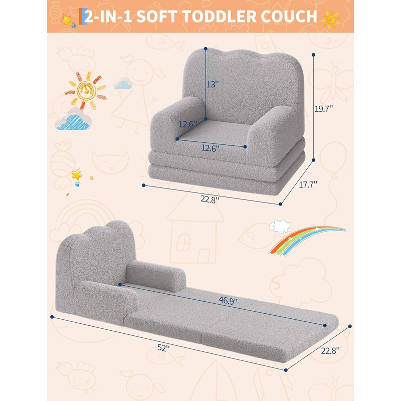 Couch, 2-in-1 Comfy Toddler Couch Fold Out, Convertible Sofa to Lounger Foam Chair with Soft Sherpa, Gift for You, Gray