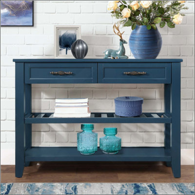 Mid-Century Console Sofa Table with 2 Storage Drawers and 2-Tier Open Shelves, 42'' Solid Wood Buffet Sideboard, Multi-Functional Entryway Hallway Tab