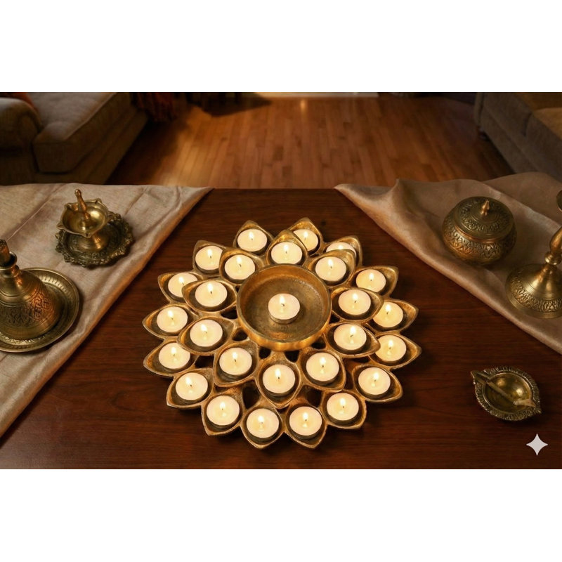 Brass Lotus Candle Stand with 26 Wicks – Handmade Decorative Accent, Multi-Flame Oil Lamp for Festive Tabletop & Spiritual Home Décor
