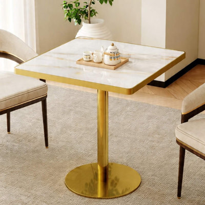 Table de salle à manger 31,5 po carrée en pierre frittée avec base en métal doré - Usage commercial et résidentiel pour les cafés, les restaurants et les petits espaces