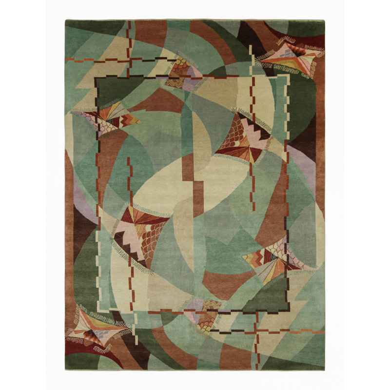 Art Deco Hand Knotted Wool Geometric Area Rug, Rectangle 10' x 14'