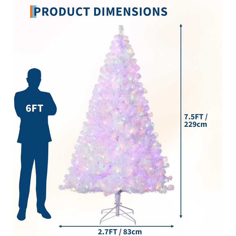 Arbre de Noël blanc 4,5 / 6 / 7,5 / 9 pi avec lumières DEL blanc chaud et base, 7.5'