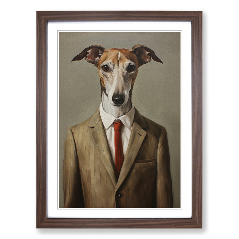 Whippet In A Suit Painting No.4 - Single Picture Frame Print on Wood, 64cm H x 46cm W x 2cm D, Walnut