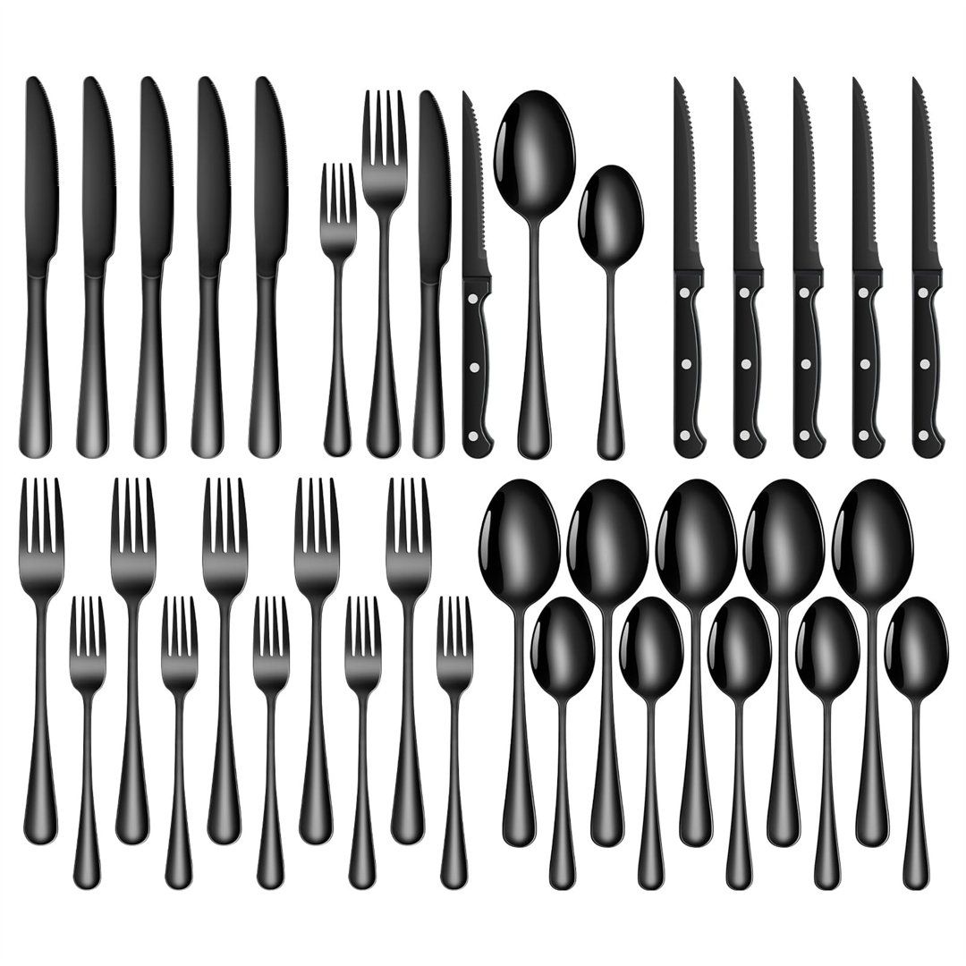 Besteck Set 6 Personen, 36-Teiliges Edelstahl Besteckset Schwarz Mit Steakmesser, Elegantes Essbesteck Mit Messer Gabel ...