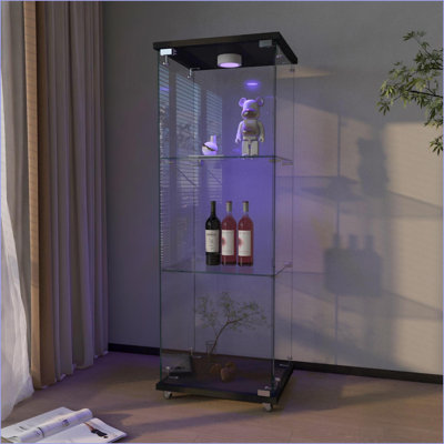 Cabinets: Modern Tempered Glass Display Cabinet with LED Lights, 47.91"H 1-Door 3-Shelf | Black | Living Room