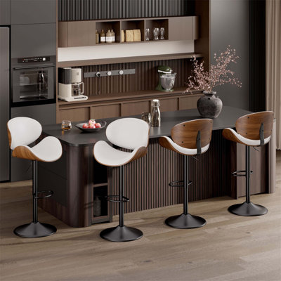 Ensemble de deux tabourets de bar pivotants avec hauteur de siège réglable, conception en bois cintré, dossier, repose-pieds et revêtement en similicuir pour bar, cuisine et salle à manger.