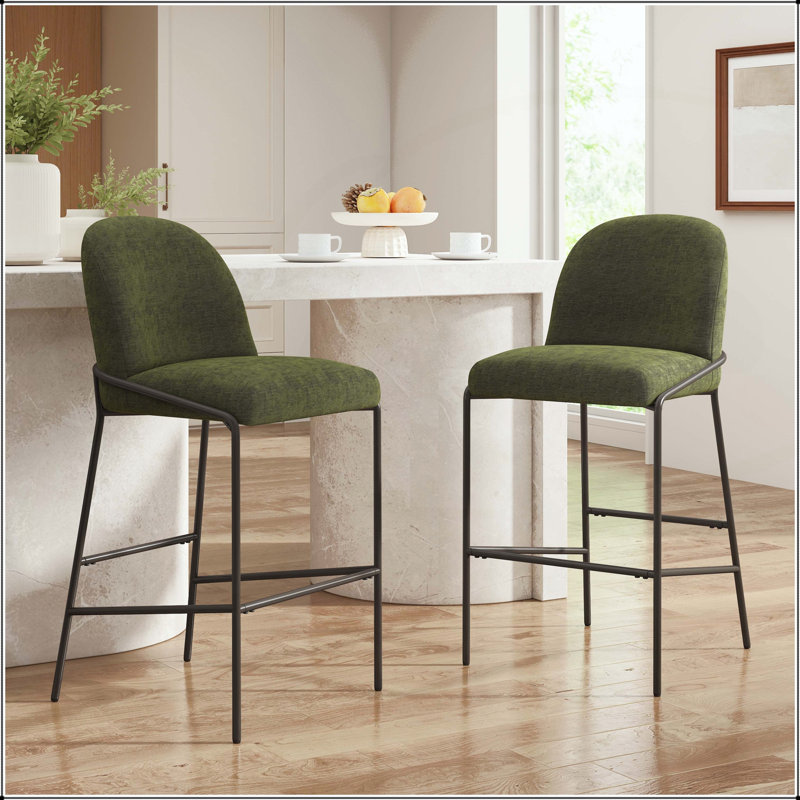 Ensemble de 2 tabourets de bar en métal bronze antique avec siège en tissu vert, Green