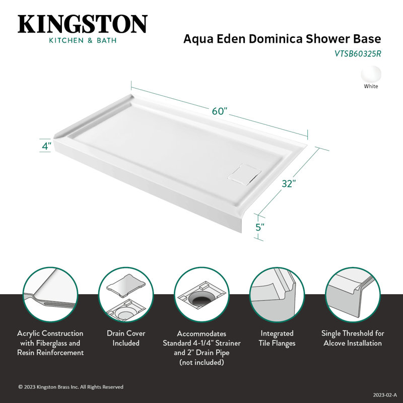 Kingston Brass Dominica 60-Inch x 32-Inch Acrylic Single Threshold Shower Base, Right