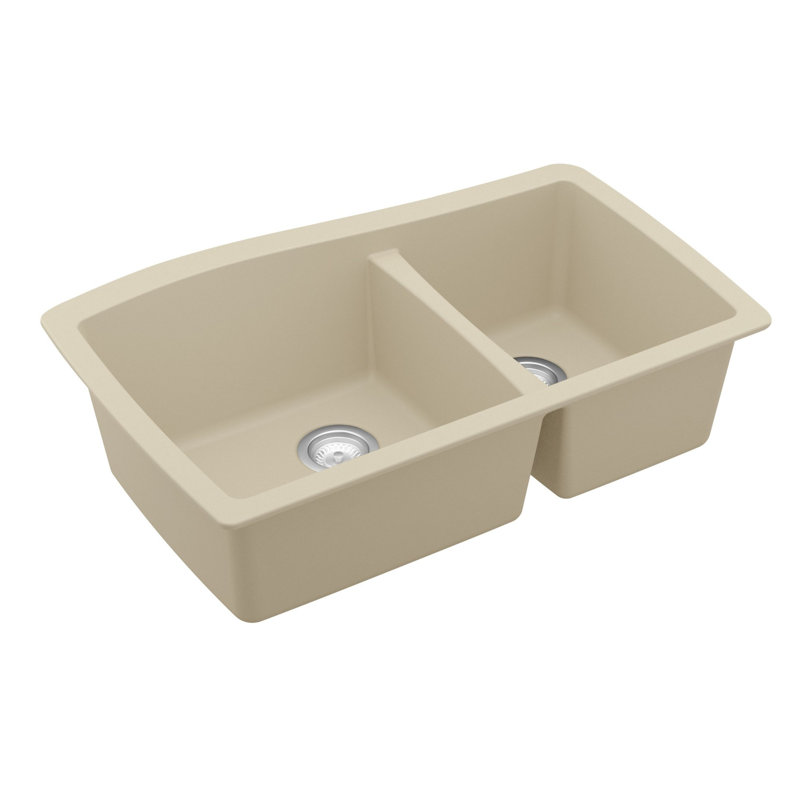 Karran Quartz Composite 33-1/2'' X 20-3/8'' 60/40 Double Bowl Undermount Kitchen Sink Kit, Bisque