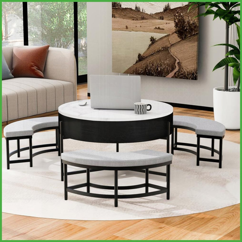Table basse moderne à plateau relevable avec rangement 3 repose-pieds - Centre de table peu encombrant, Noir, Noir