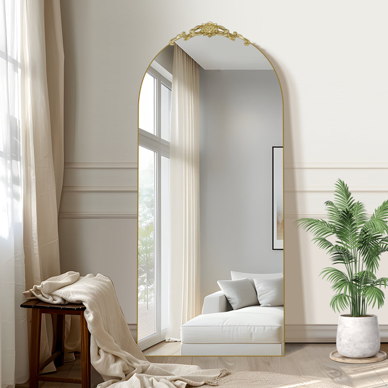 Arch Wood Full Length Mirror with Carved Design