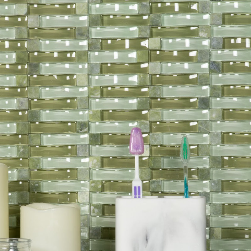 3D Wave 12 in. x 12 in. Glass & Stone Multi Finish Mosaic Decorative Kitchen & Bathroom Wall Tile, Verde