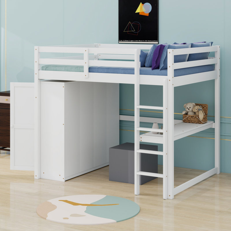 Lit mezzanine en bois avec garde-robe intégré, bureau, tablettes de rangement et tiroirs, Blanc