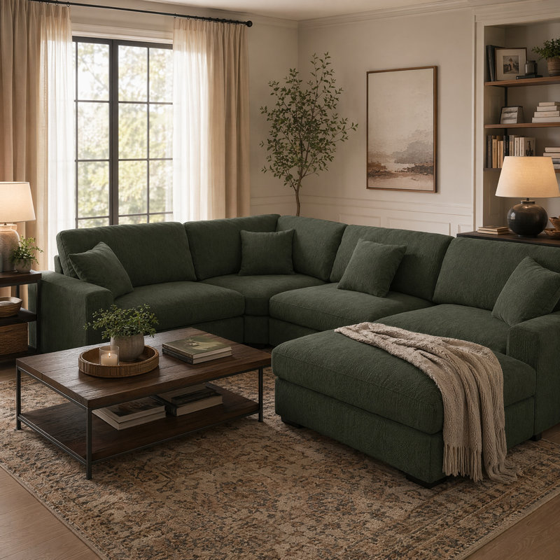 Canapé modulaire réversible 5 places rembourré, 36.2" H x 124.41" W x 86.61" D, Dark Green 100% Polyester