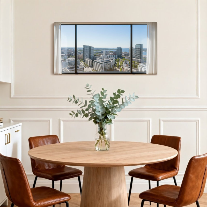 Vue de paysage urbain à travers un cadre de fenêtre moderne Z251225161612195204, H 16 po x l 32 po