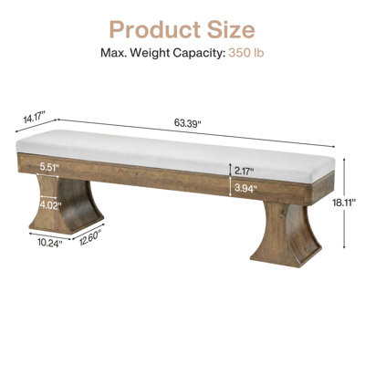 Banc rembourré de 160 cm (63 po), banc en bois pour chambre, entrée, couloir