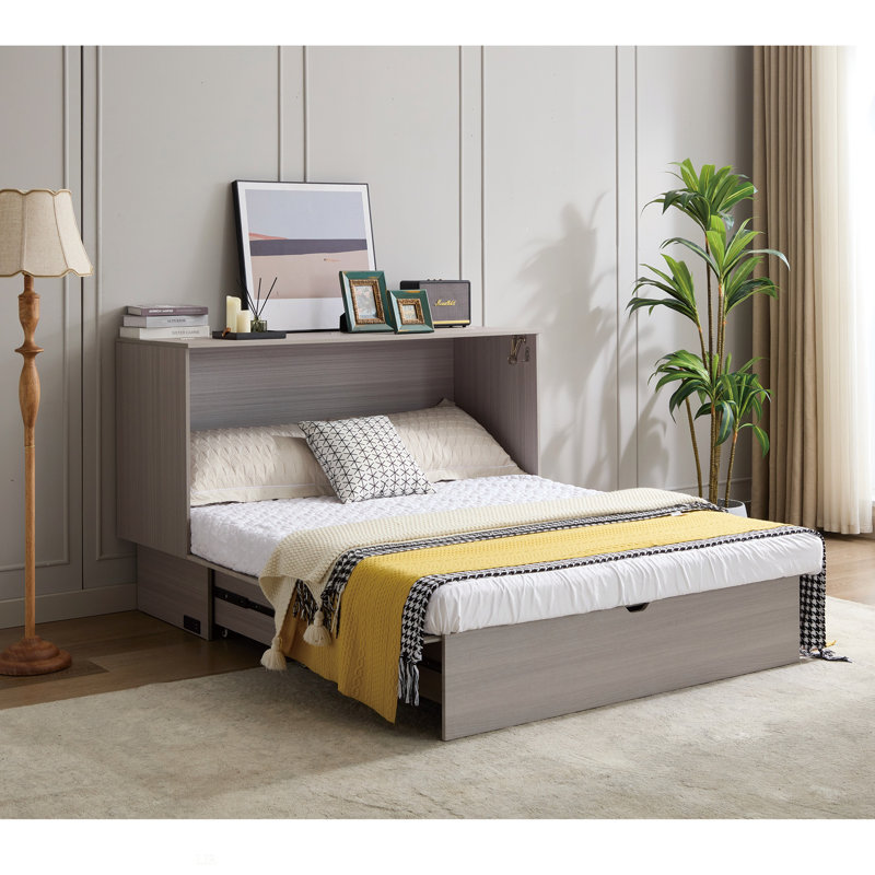 [NOUVEAUTÉ] [VIDÉO FOURNIE] Lit armoire avec rangement, grand lit, matelas en mousse pliable et tiroirs surdimensionnés, lit escamotable, ensemble de prises et ports USB, lit escamotable pliant peu encombrant, cadre de lit