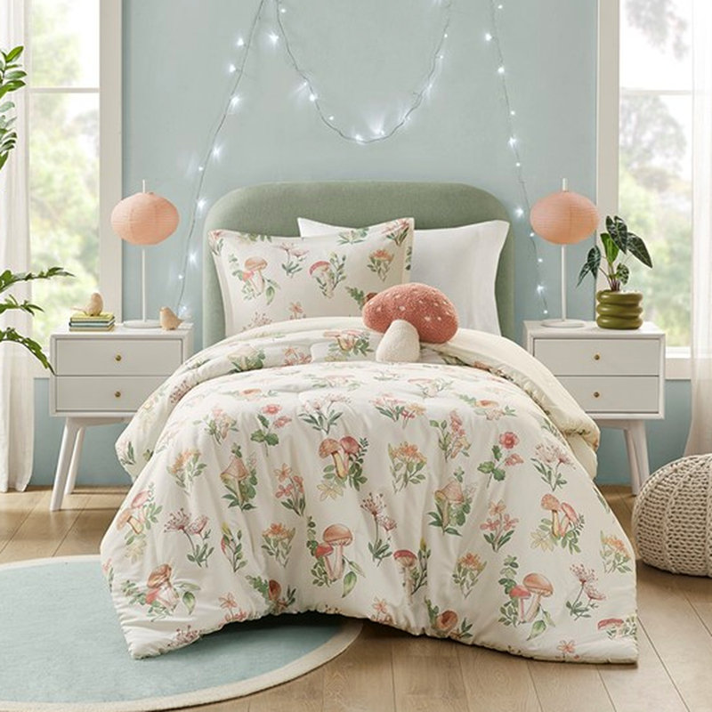 Literie double / grand, imprimé champignon, literie en microfibre et fleur, lavable