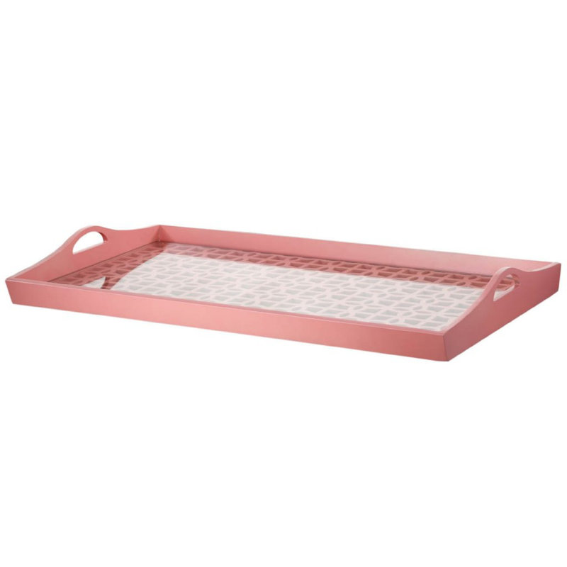 Decorative Serving Tray, Light Pink Handles, Patterned Glass, 28 Inch