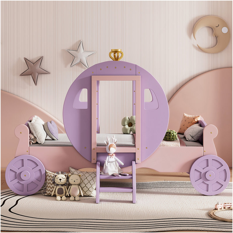 Lit simple princesse avec couronne, lit plateforme voiture en bois avec escalier, mauve et rose