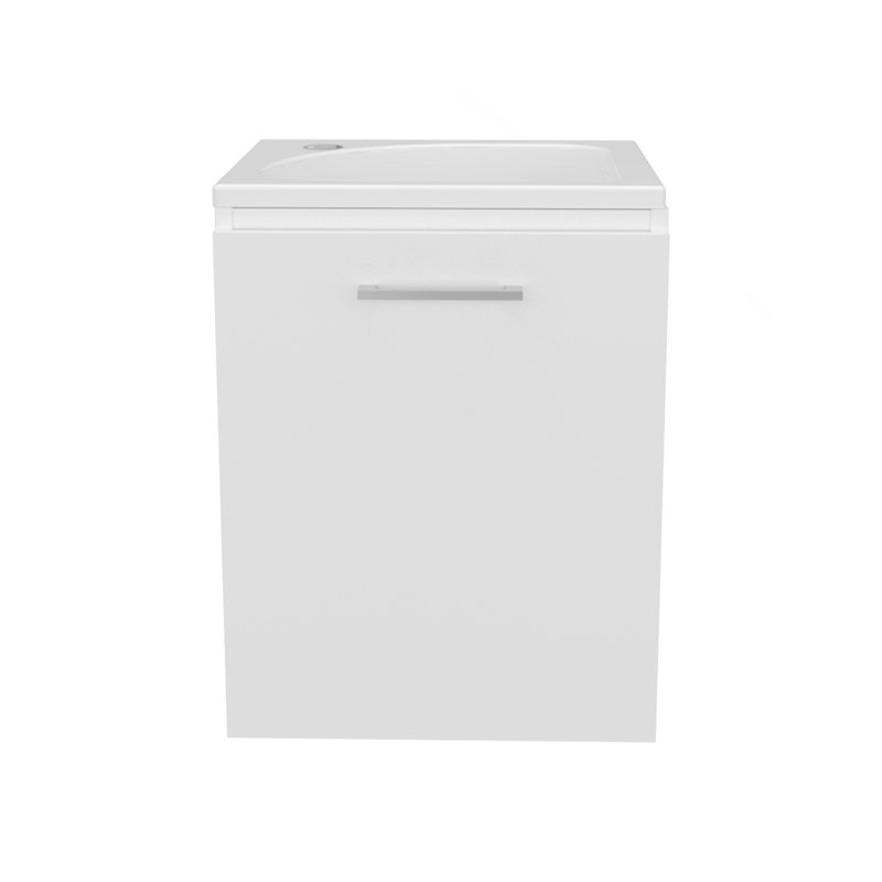 Meuble-lavabo large à une porte Saju, avec lavabo en résine et une tablette, rangement pour salle de bain, blanc, Blanc