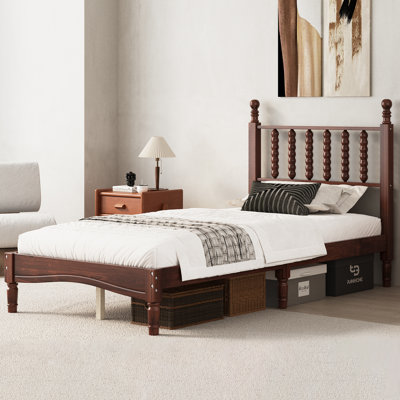 Lit plateforme simple en bois avec tête de lit en forme de gourde, lit plateforme de style rétro avec support en lattes de bois, noyer