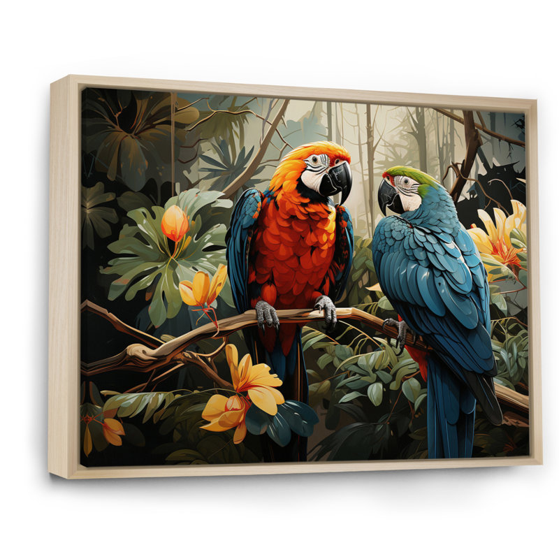 «Tropical Parrot Plumage I», art mural grand perroquet, H 16 po x l 32 po x P 1 po, Cadre naturel flottant
