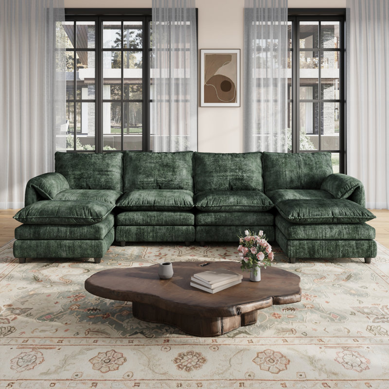  139'' W Double Layer U-Shaped Cushion Cloud Couch, 6-Piece Sectional Sofa, Green Velvet
