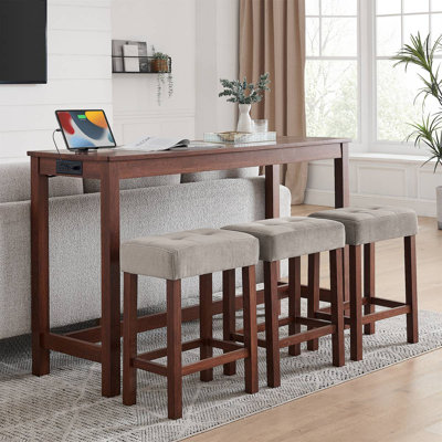 59 Inch Bar Table, Dining Table, Sofa Table With Power Outlet, 3 Upholstered Stools, 4 Piece Bar Table And Chair Set For Living Room, Dining Room, Kit by Ebern Designs