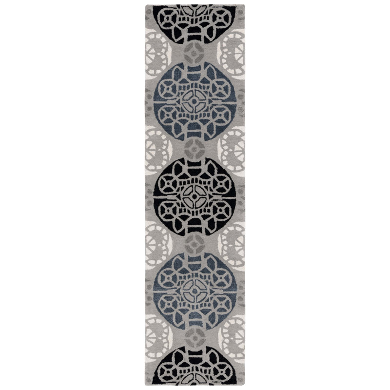 Eaton Wyndham Hand Tufted Wool/Viscose Damask Rug in Blue/Gray/Black, Runner 2'3" x 9'
