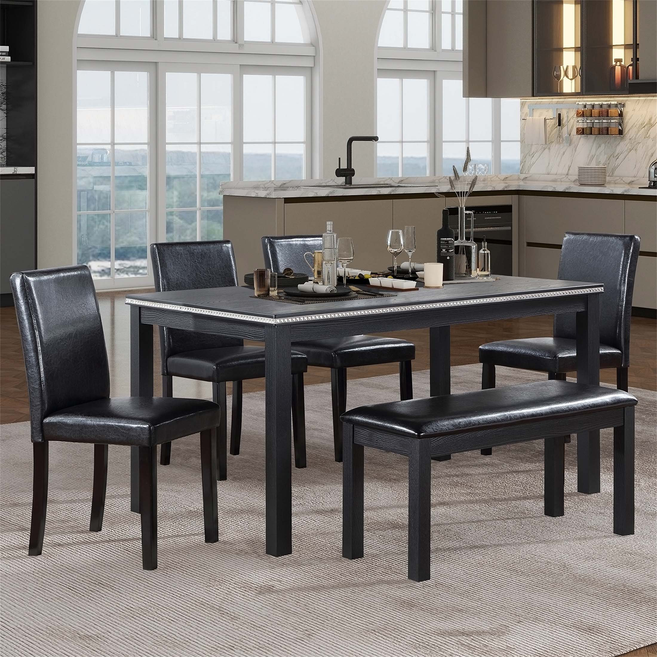 George Oliver Wooden Dining Rectangular Table with Bench, Kitchen Table ...