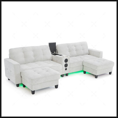 Canapé modulaire moderne en forme de U avec repose-pieds de rangement mobile, console multifonctionnelle, haut-parleurs Bluetooth et lumières DEL pour le confort et le divertissement du salon