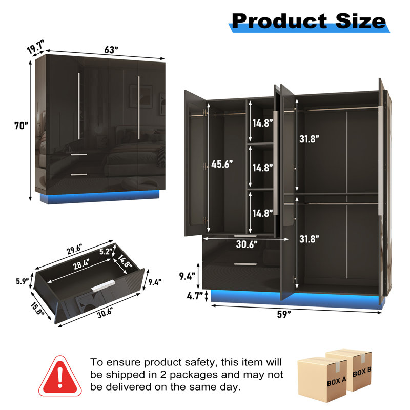 Armoire-penderie moderne ultrabrillante avec tablettes et tringle, Noir
