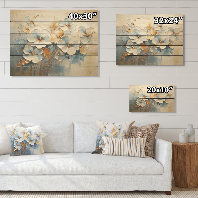 Pensées blanches et bleues, jardin I - Pensées, art sur bois de pin naturel, H 10 po x l 20 po