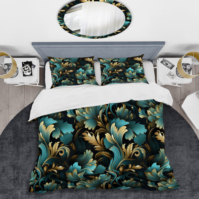 Gold And Blue Luxury Damask Symphony - Damask Duvet Cover Set, Housse de couette pour très grand lit et 2 très
