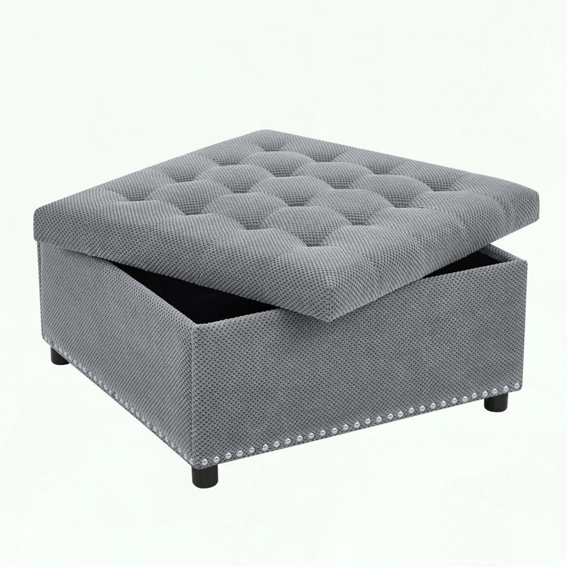 Square Storage Ottoman with Tufted Design and Nailhead Trim, Light Gray