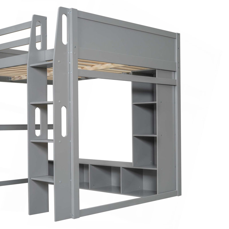 Lit mezzanine double en bois avec bureau, étagères à rangement multiples, DEL et portemanteau suspendu