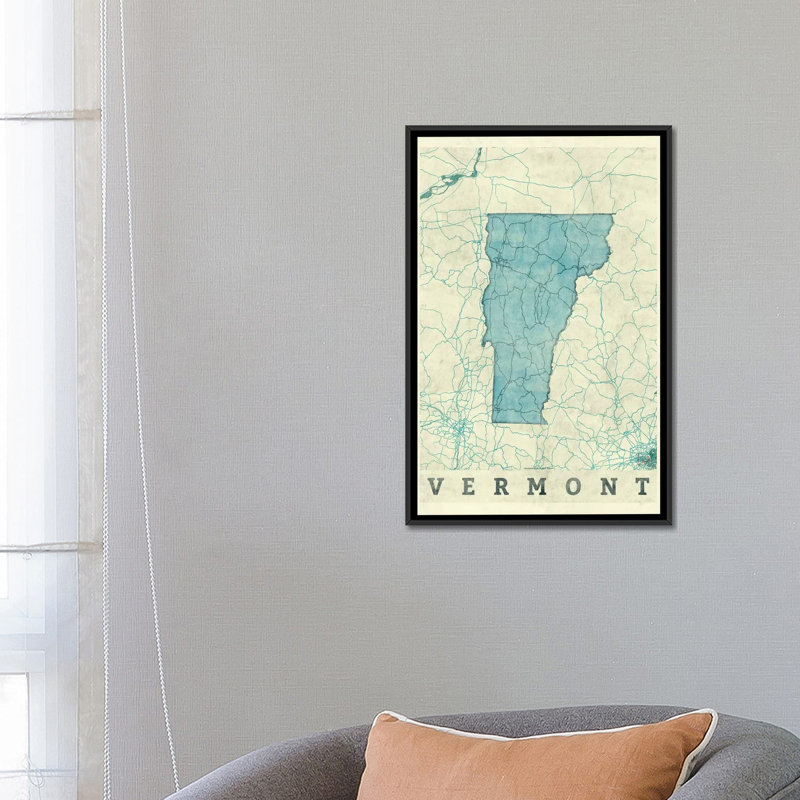 « vermont map », impression sur toile, Toile avec cadre noir, H 48 po x l 32 po x P 1,5 po, Pas de tapis